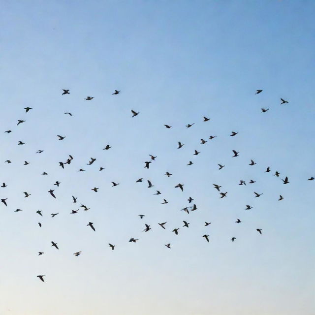 A large flock of birds in mid-flight against a clear, bright sky.