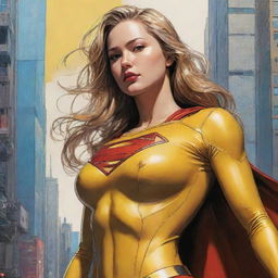 A full-body masterpiece of Supergirl/Wonderwoman from DC Comics in an alternate yellow costume, depicted as coy and alluring. Rendered in the dynamic, detailed style of Kim Jung Gi's digital illustrations, drawing on cyberpunk themes. Picture exudes freedom and soul, in a perfectly anatomical, centered composition.