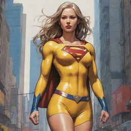 A full-body masterpiece of Supergirl/Wonderwoman from DC Comics in an alternate yellow costume, depicted as coy and alluring. Rendered in the dynamic, detailed style of Kim Jung Gi's digital illustrations, drawing on cyberpunk themes. Picture exudes freedom and soul, in a perfectly anatomical, centered composition.