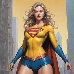 A full-body masterpiece of Supergirl/Wonderwoman from DC Comics in an alternate yellow costume, depicted as coy and alluring. Rendered in the dynamic, detailed style of Kim Jung Gi's digital illustrations, drawing on cyberpunk themes. Picture exudes freedom and soul, in a perfectly anatomical, centered composition.