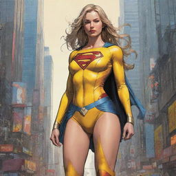 A full-body masterpiece of Supergirl/Wonderwoman from DC Comics in an alternate yellow costume, depicted as coy and alluring. Rendered in the dynamic, detailed style of Kim Jung Gi's digital illustrations, drawing on cyberpunk themes. Picture exudes freedom and soul, in a perfectly anatomical, centered composition.