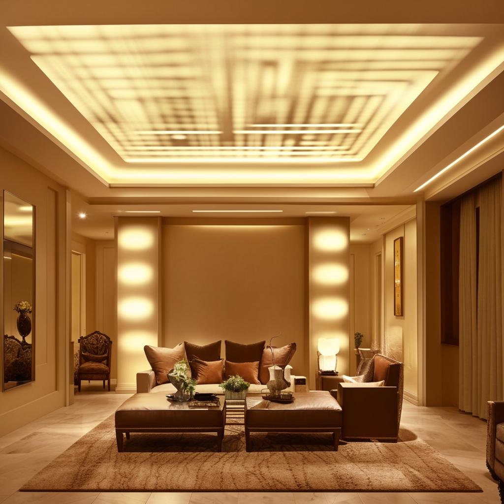 A contemporary drawing room with elegant furniture and a stylish false ceiling design, well-lit with ambient lighting.