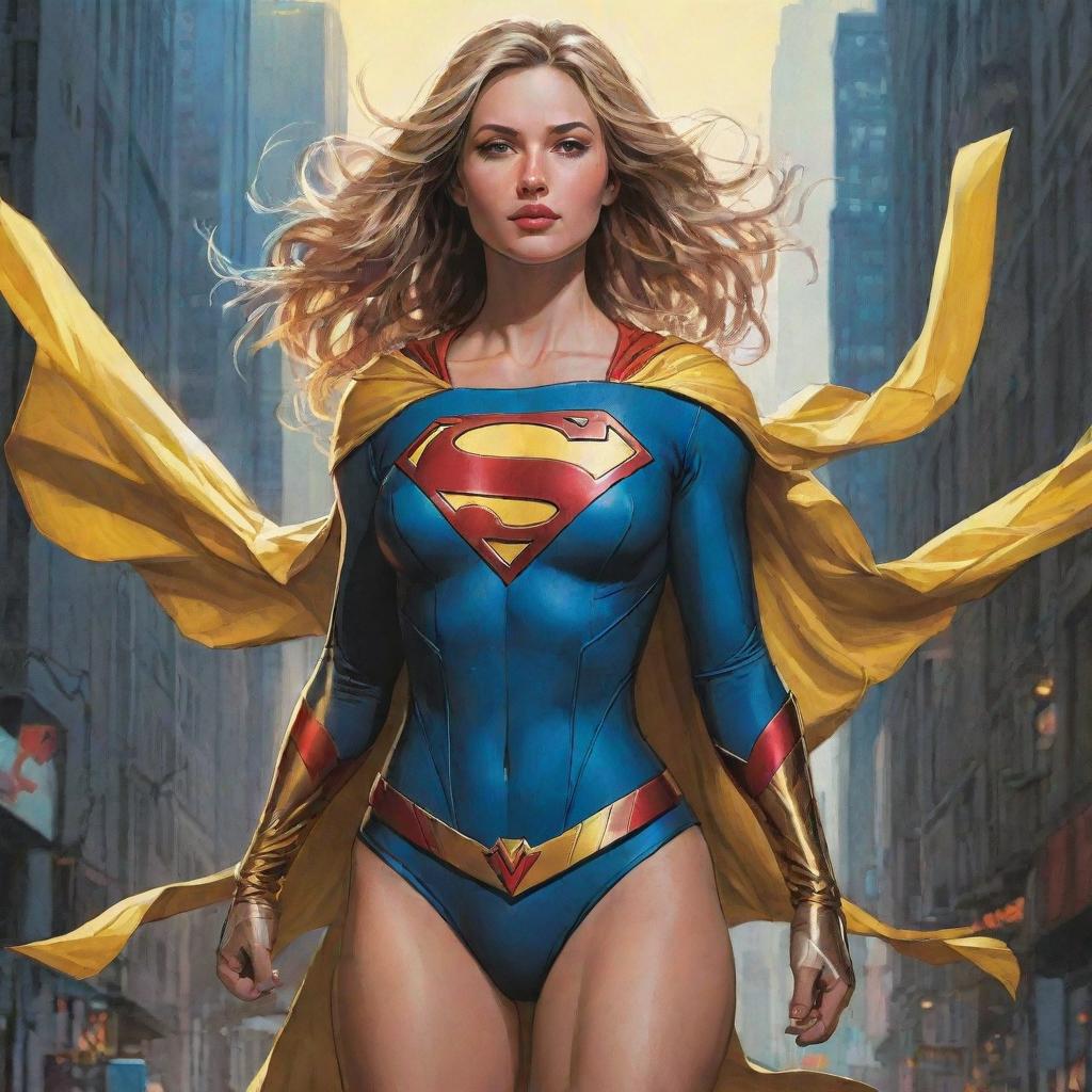 A full-body, digital illustration masterpiece of Supergirl/Wonderwoman from DC Comics. She is drawn in an alternate yellow costume, emanating a coy and alluring nature. This comic style, cyberpunk influenced artwork is inspired by Kim Jung Gi, and it reflects freedom and soul, with perfect anatomy.