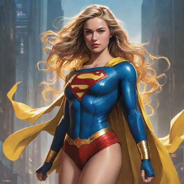 A full-body, digital illustration masterpiece of Supergirl/Wonderwoman from DC Comics. She is drawn in an alternate yellow costume, emanating a coy and alluring nature. This comic style, cyberpunk influenced artwork is inspired by Kim Jung Gi, and it reflects freedom and soul, with perfect anatomy.