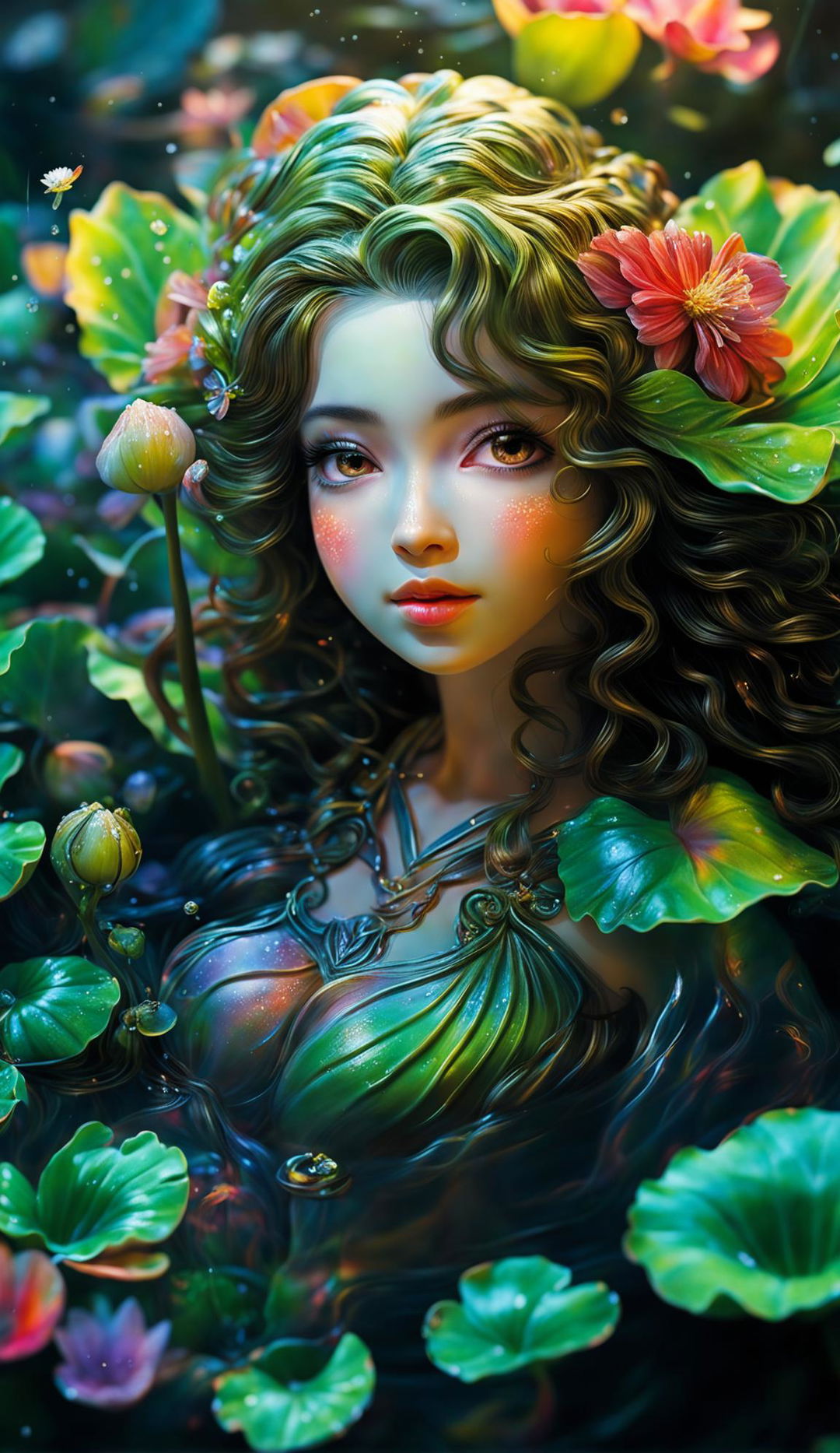 Ultra-close up CGI photograph of a tiny goddess with a vivid, intense, detailed, intricate, and beautiful face floating down a river on a vibrant green lotus leaf, surrounded by a lush riverbank under dappled sunlight. The image is vibrant and compositionally perfect.