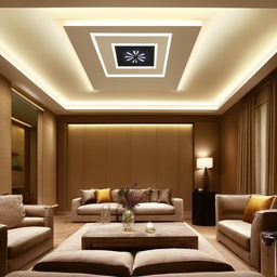 A contemporary drawing room with elegant furniture and a stylish false ceiling design, well-lit with ambient lighting.