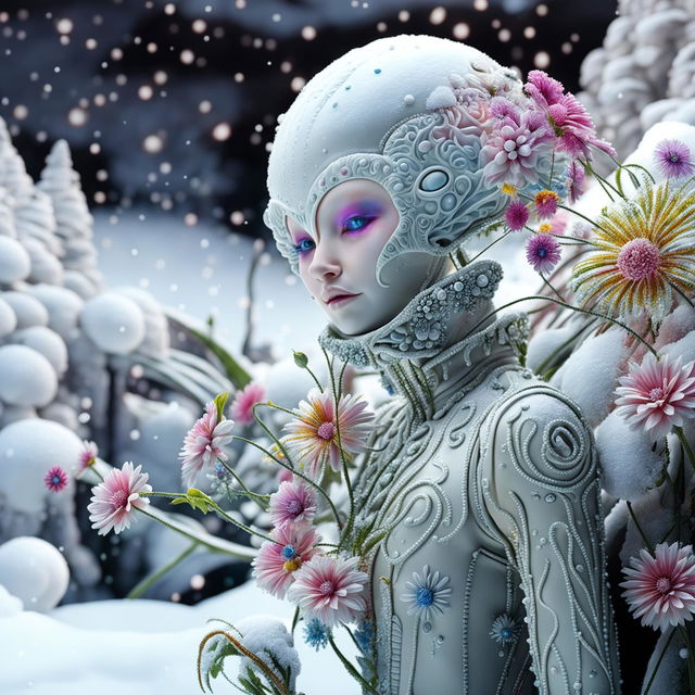 Hyper-realistic 3D Rococo-inspired photograph featuring an alien adorned with vibrant flowers in a snowy landscape, viewed from a distance.