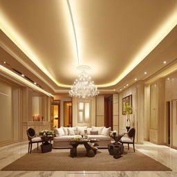 A contemporary drawing room with elegant furniture and a stylish false ceiling design, well-lit with ambient lighting.