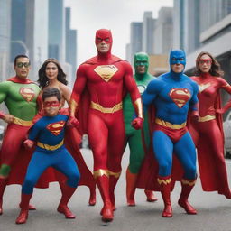 A super team led by superhero 'Jafung'. All members in dynamic action poses, emanating confidence and power, arrayed in glossy, vibrant costumes.