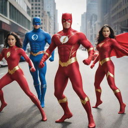 A super team led by superhero 'Jafung'. All members in dynamic action poses, emanating confidence and power, arrayed in glossy, vibrant costumes.