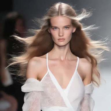 The model's hair was styled to blow upwind, giving her a windswept and ethereal look on the runway.