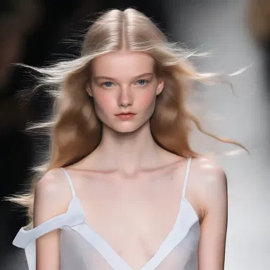 The model's hair was styled to blow upwind, giving her a windswept and ethereal look on the runway.