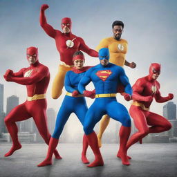 A super team led by superhero 'Jafung'. All members in dynamic action poses, emanating confidence and power, arrayed in glossy, vibrant costumes.