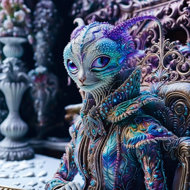 Hyper-realistic 3D Rococo-inspired alien in a vibrant snowscape, adorned with intricate floral patterns and surrounded by ornate furniture pieces half-buried in the snow. The high-definition image captures every detail, from the individual snowflakes to the alien's iridescent skin.