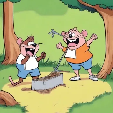 In the cartoon, the mischievous character sets up a trap to capture their unsuspecting friends.