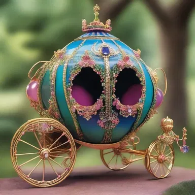 In the mystical land of elves and fairies, a magical trap adorned with gemstones and enchanted wheels served as the royal carriage for the queen.