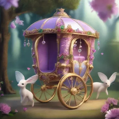 In the mystical land of elves and fairies, a magical trap adorned with gemstones and enchanted wheels served as the royal carriage for the queen.