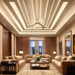 Modern drawing room, enhanced with sophisticated false ceiling, ambient lighting, chic furniture, and updated decor details.