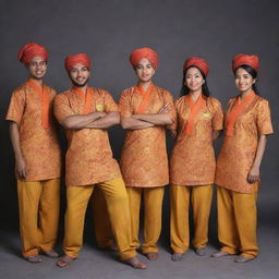 A cohesive team named 'Jafung'. Each person presenting a unique skill, draped in matching outfits, portraying unity and collaboration.