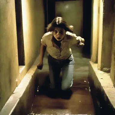 In the horror movie, the protagonist falls into a trap drain while running away from the killer.