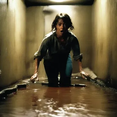 In the horror movie, the protagonist falls into a trap drain while running away from the killer.