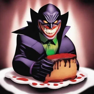 The villain's sinister smile stretched across his cakehole, revealing his cunning plan.