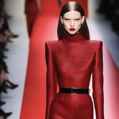 The model strutted down the runway with a bold, red lipstick accentuating her trap.