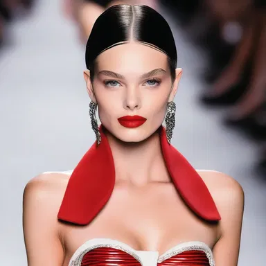 The model strutted down the runway with a bold, red lipstick accentuating her trap.