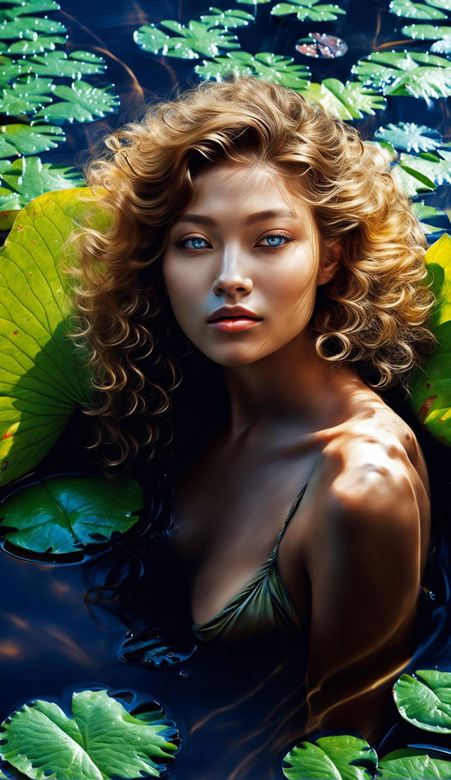 A stunning model floats down a river on a giant lotus leaf in an ultra-close up CGI photograph. Her beauty is enhanced by the serene natural surroundings and the sunlight filtering through the trees.