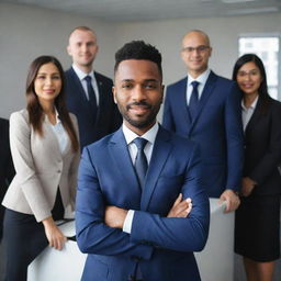 A professional team named 'Jabatan'. Members in business suits, portraying competence and unity, in a modern, sleek office environment.