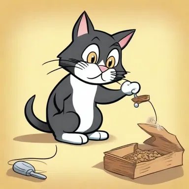 In the cartoon, the clever cat sets a trap to catch the mischievous mouse.