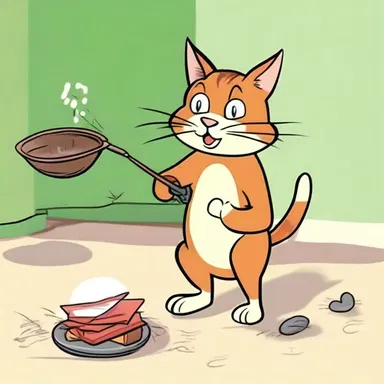 In the cartoon, the clever cat sets a trap to catch the mischievous mouse.
