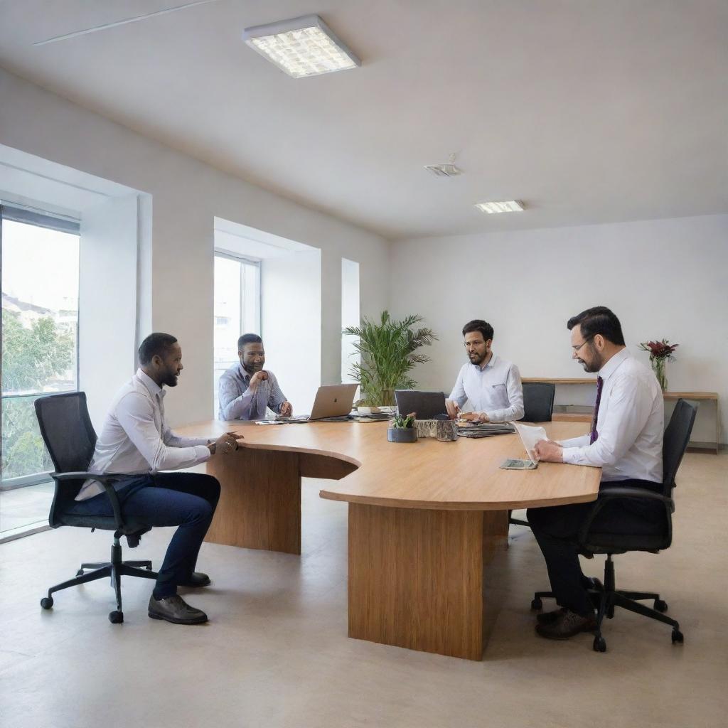 A functional team named 'Jabatan'. Members interacting actively in a contemporary office space, displaying a vibe of proficient collaboration and mutual respect.