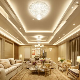 Modern drawing room, enhanced with sophisticated false ceiling, ambient lighting, chic furniture, and updated decor details.