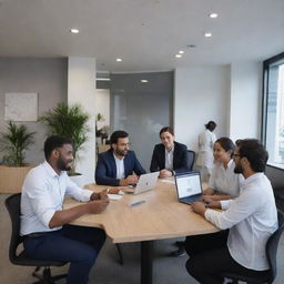 A functional team named 'Jabatan'. Members interacting actively in a contemporary office space, displaying a vibe of proficient collaboration and mutual respect.