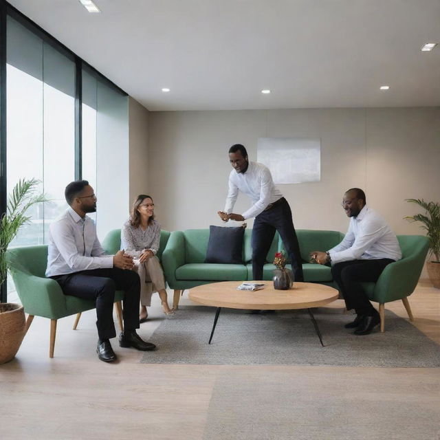 A functional team named 'Jabatan'. Members interacting actively in a contemporary office space, displaying a vibe of proficient collaboration and mutual respect.