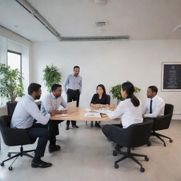 A functional team named 'Jabatan'. Members interacting actively in a contemporary office space, displaying a vibe of proficient collaboration and mutual respect.