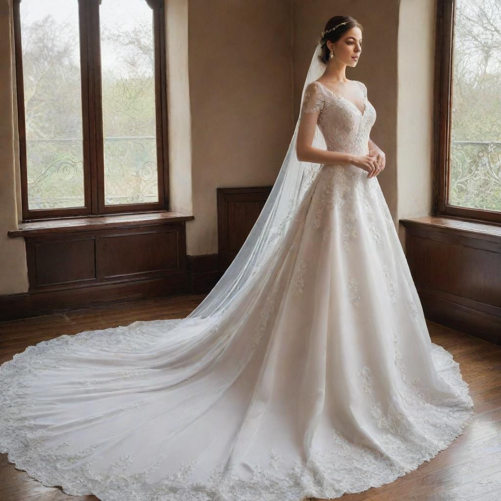 A breathtakingly beautiful wedding dress, gleaming white with intricate laces and sparkling beadwork, majestic train trailing behind and paired with a delicate veil.