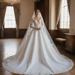 A breathtakingly beautiful wedding dress, gleaming white with intricate laces and sparkling beadwork, majestic train trailing behind and paired with a delicate veil.