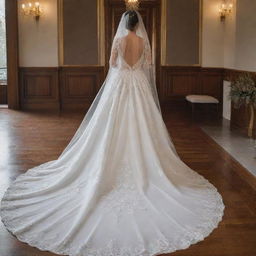 A breathtakingly beautiful wedding dress, gleaming white with intricate laces and sparkling beadwork, majestic train trailing behind and paired with a delicate veil.