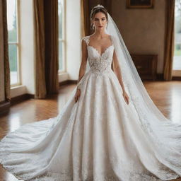 A breathtakingly beautiful wedding dress, gleaming white with intricate laces and sparkling beadwork, majestic train trailing behind and paired with a delicate veil.