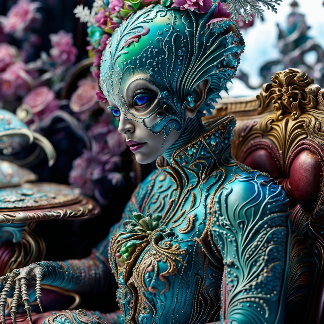 A hyper-realistic 3D Rococo-inspired alien in a vibrant snowscape, adorned with intricate floral patterns and surrounded by ornate furniture pieces half-buried in the snow. The high-definition image captures every detail, from the individual snowflakes to the alien's iridescent skin.