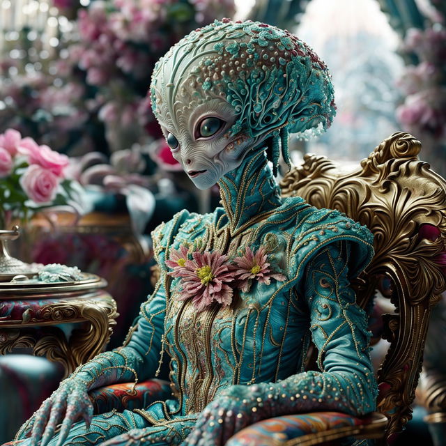 A hyper-realistic 3D Rococo-inspired alien in a vibrant snowscape, adorned with intricate floral patterns and surrounded by ornate furniture pieces half-buried in the snow. The high-definition image captures every detail, from the individual snowflakes to the alien's iridescent skin.