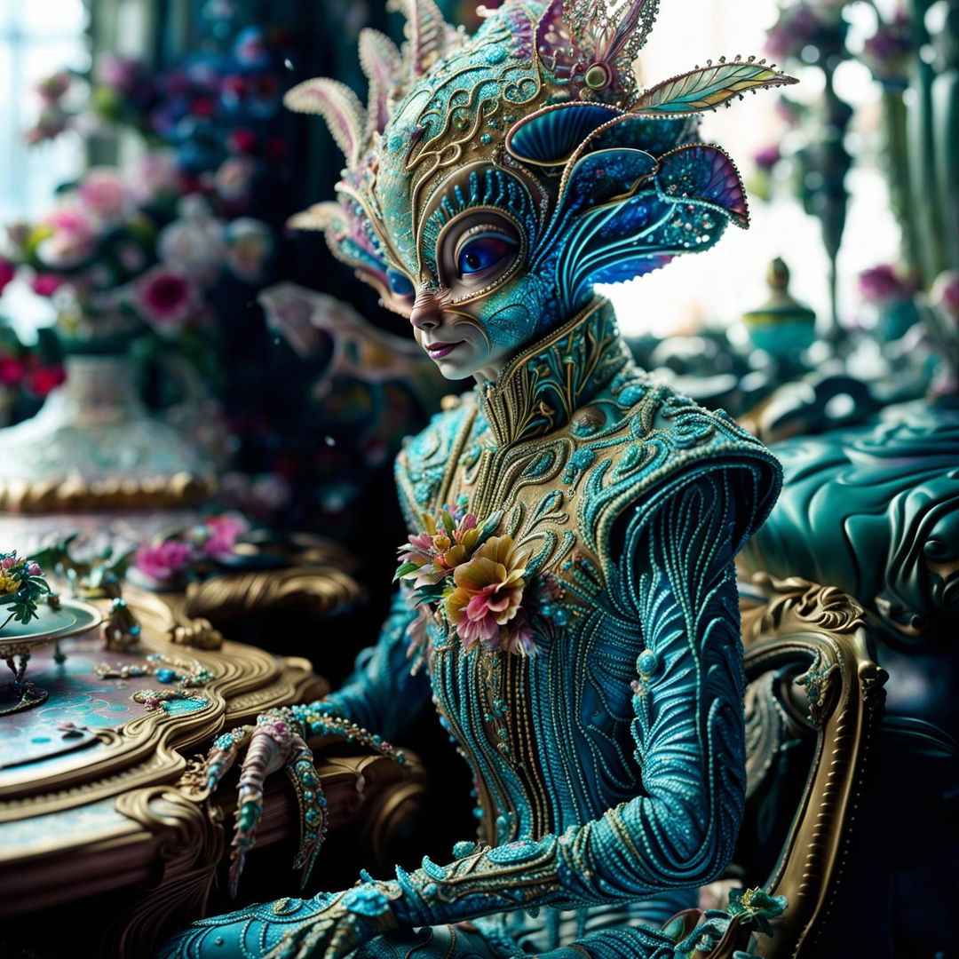 A hyper-realistic 3D Rococo-inspired alien in a vibrant snowscape, adorned with intricate floral patterns and surrounded by ornate furniture pieces half-buried in the snow. The high-definition image captures every detail, from the individual snowflakes to the alien's iridescent skin.