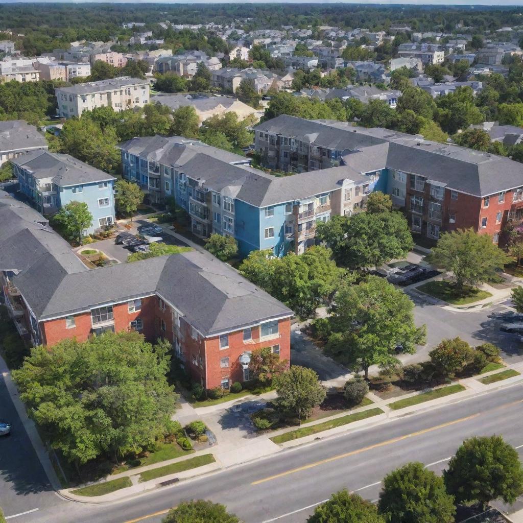 A vibrant neighborhood scene showcasing the condominium complex surrounded by accessible amenities like supermarkets and cozy cafes