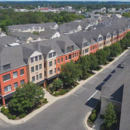 A vibrant neighborhood scene showcasing the condominium complex surrounded by accessible amenities like supermarkets and cozy cafes