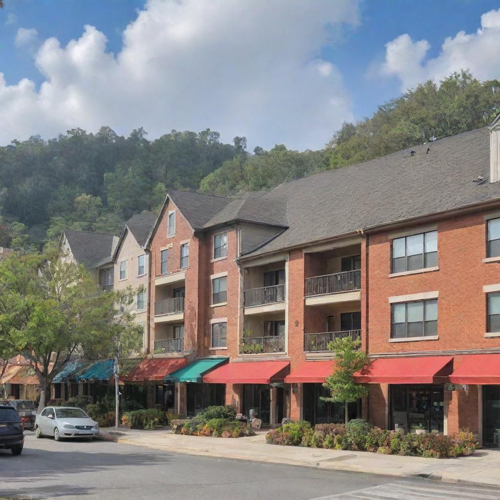 A vibrant neighborhood scene showcasing the condominium complex surrounded by accessible amenities like supermarkets and cozy cafes