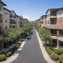 A vibrant neighborhood scene showcasing the condominium complex surrounded by accessible amenities like supermarkets and cozy cafes