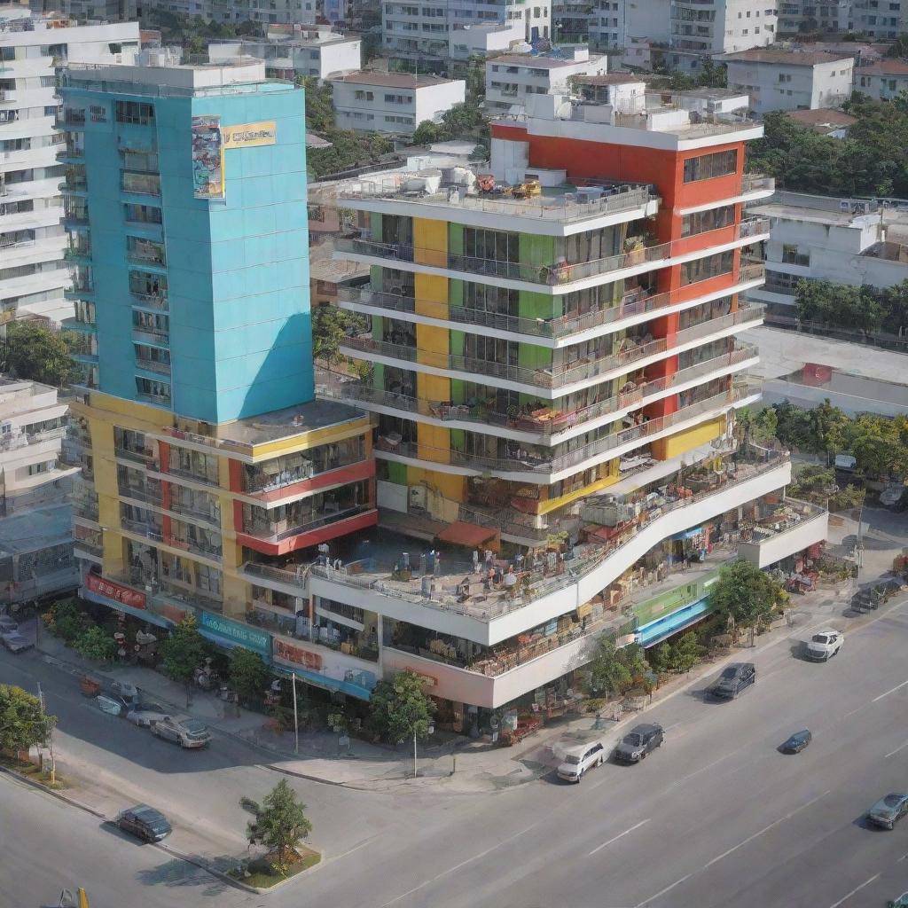 A busy, colourful scene depicting a modern condominium with a well-stocked supermarket located conveniently nearby.