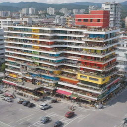 A busy, colourful scene depicting a modern condominium with a well-stocked supermarket located conveniently nearby.